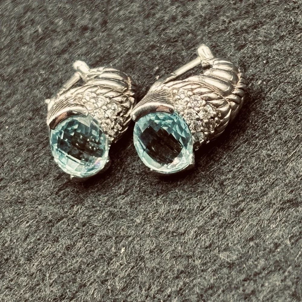 Judith Ripka Sterling Silver Blue Topaz Diamonique Shrimp Earrings Designer